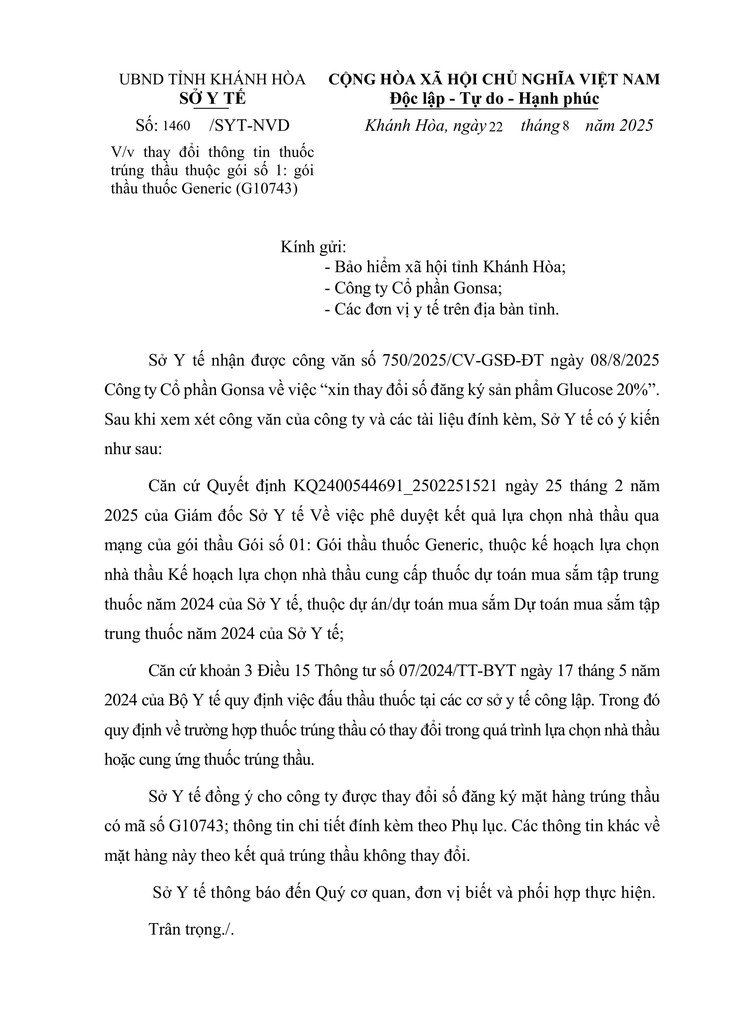 V/v thay đổi thông tin thuốc trúng thầu thuộc gói số 1: gói thầu thuốc Generic (G10743)